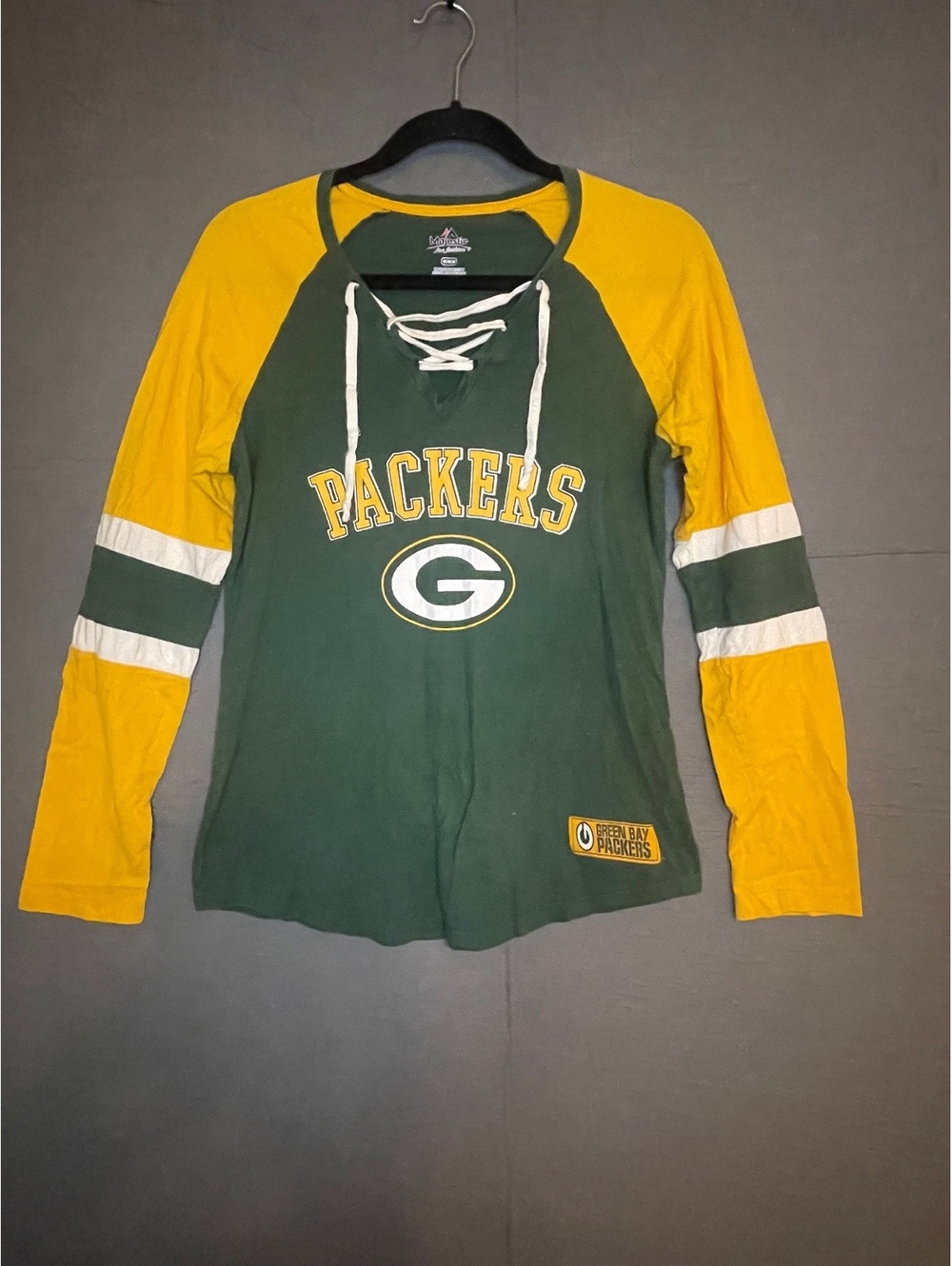 Majestic Green Bay Packers Women’s M Lace-Up Long Sleeve Shirt Green Gold NFL